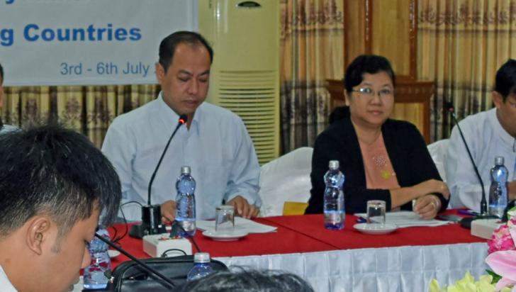 Dr Thandar Lwin, Director of Disease Control and Dr Aung Thi, Programme Manager of the National Malaria Control Programme, Ministry of Health and Sports, deliver opening remarks at the plenary session, Myawaddy Township, Myanmar.