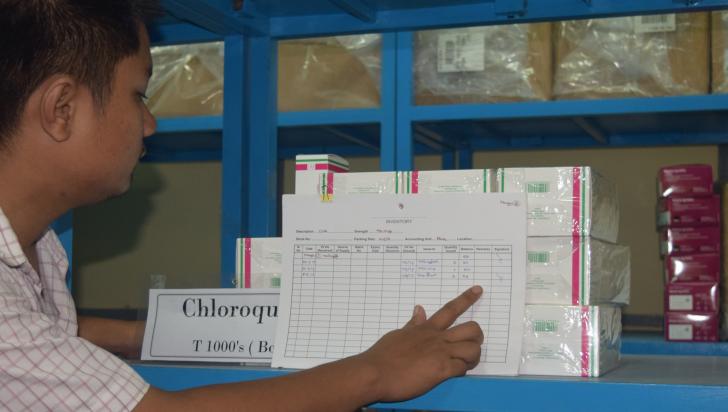 To identify drug name, dosage, form, batch number and expiry dates, stock cards and bin cards are filled correctly with up-to-date information and properly displayed at National Malaria Control Programme medical store, Magway Township. Photo: UNOPS